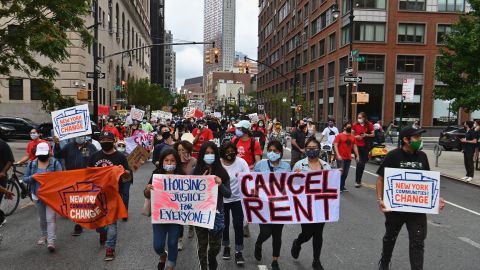 Protestors demonstrate during a 'No Evictions, No Police' national day of action protest against law enforcement who forcibly remove people from homes on September 1, 2020 in New York City. - Activists and relief groups in the United States are scrambling to head off a monumental wave of evictions nationwide, as the coronavirus crisis leaves tens of millions at risk of homelessness. (Photo by Angela Weiss / AFP) (Photo by ANGELA WEISS/AFP via Getty Images)