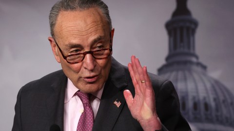 WASHINGTON, DC - MARCH 02: U.S. Senate Majority Leader Sen. Chuck Schumer (D-NY) speaks during a weekly news conference at the U.S. Capitol on March 2, 2021 in Washington, DC. Senate Democrats held a news conference to answer questions from members of the press. (Photo by Alex Wong/Getty Images)