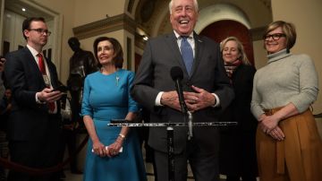 WASHINGTON, DC - MARCH 13:  U.S. House Majority Leader Rep. Steny Hoyer (D-MD) speaks to members of the media as Speaker of the House Rep. Nancy Pelosi (D-CA), Rep. Abigail Spanberger (D-VA) and Rep. Susie Lee (D-NV) listen at the U.S. Capitol March 13, 2020 in Washington, DC. Speaker Pelosi held a briefing on the Coronavirus Aid Package Bill that will deal with the outbreak of COVID-19.  (Photo by Alex Wong/Getty Images)