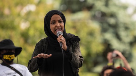 MINNEAPOLIS, MN - JUNE 6: Rep. Ilhan Omar (D-MN) speaks to a crowd gathered for a march to defund the Minneapolis Police Department on June 6, 2020 in Minneapolis, Minnesota. The march commemorated the life of George Floyd who was killed by members of the MPD on May 25. (Photo by Stephen Maturen/Getty Images)