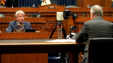 WASHINGTON, DC - MAY 14: Rep. Kurt Schrader (D-Ore.) asks questions to Dr. Richard Bright, former director of the Biomedical Advanced Research and Development Authority, during a House Energy and Commerce Subcommittee on Health hearing to discuss protecting scientific integrity in response to the coronavirus outbreak on Thursday, May 14, 2020. in Washington, DC. Warning that COVID-19 could make '2020 will be the darkest winter in modern history,' Rick Bright, former director of the Biomedical Advanced Research and Development Authority has filed a federal whistleblower complaint alleging he was fired for opposing the use of a drug promoted by President Donald Trump as a potential coronavirus treatment. (Photo by Greg Nash-Pool/Getty Images)