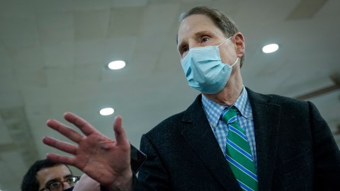 WASHINGTON, DC - FEBRUARY 8: Sen. Ron Wyden (D-OR) speaks to reporters after a vote at the U.S. Capitol on February 8, 2021 in Washington, DC. The Senate voted 87-7 on Monday to confirm Denis McDonough to serve as Secretary of Veterans Affairs. (Photo by Drew Angerer/Getty Images)