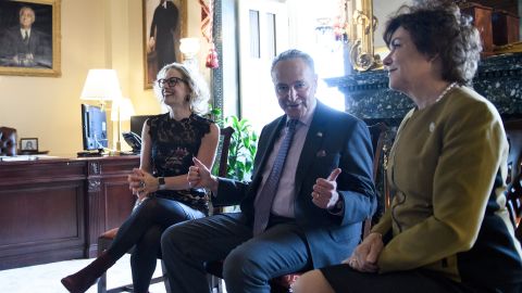 Senate Minority Leader Charles E. Schumer (D-NY) meets with incoming Senator Kyrsten Sinema(L) D-AZ and incoming Senator Jacky Rosen (D-NV) in his office on Capitol Hill November 13, 2018 in Washington, DC. (Photo by Brendan Smialowski / AFP) (Photo credit should read BRENDAN SMIALOWSKI/AFP via Getty Images)