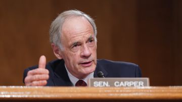 WASHINGTON, DC - FEBRUARY 09: Sen. Tom Carper (D-DE) questions Neera Tanden, nominee for Director of the Office of Management and Budget (OMB), at her confirmation hearing before the Senate Homeland Security and Government Affairs committee on February 9, 2021 at the U.S. Capitol in Washington, DC. Tanden helped found the Center for American Progress, a policy research and advocacy organization and has held senior advisory positions in Democratic politics since the Clinton administration. (Photo by Leigh Vogel-Pool/Getty Images)