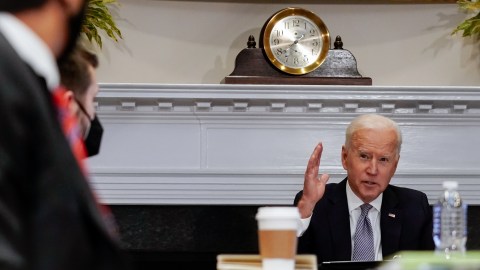 WASHINGTON, DC - APRIL 12: U.S. President Joe Biden joins a CEO Summit on Semiconductor and Supply Chain Resilience via video conference from the Roosevelt Room at the White House on April 12, 2021 in Washington, DC. President Biden joined the summit which focused on the global shortage of semiconductors -- computer chips that run everything from televisions and mobile phones to cars and games consoles -- caused by the ongoing coronavirus (COVID-19) pandemic. (Photo by Amr Alfiky-Pool/Getty Images)