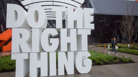 BEAVERTON, OR - MARCH 22:  A giant sculpture reads "Do the right thing," at the Nike headquarters on March 22, 2018 in Beaverton, Oregon. Nike, the world's largest sports brand, reported better than anticipated earnings on Thursday, with revenues increasing to nearly $90 billion, up 7%. This follows a spate of senior executives stepping down amid reports of sexist behavior including the president on Nike Brand, Trevor Edwards. (Photo by Natalie Behring/Getty Images)