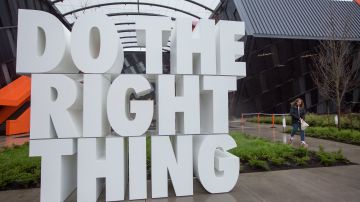 BEAVERTON, OR - MARCH 22:  A giant sculpture reads "Do the right thing," at the Nike headquarters on March 22, 2018 in Beaverton, Oregon. Nike, the world's largest sports brand, reported better than anticipated earnings on Thursday, with revenues increasing to nearly $90 billion, up 7%. This follows a spate of senior executives stepping down amid reports of sexist behavior including the president on Nike Brand, Trevor Edwards. (Photo by Natalie Behring/Getty Images)