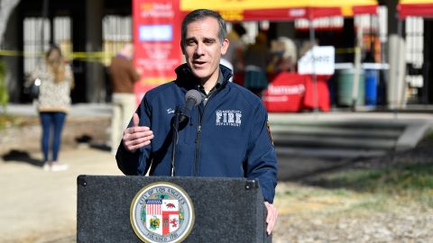 LOS ANGELES, CALIFORNIA - DECEMBER 30: Los Angeles Mayor Eric Garcetti visits a coronavirus vaccination site at Lincoln Park on December 30, 2020 in Los Angeles, California. Los Angeles will use three existing testing sites as vaccination centers for healthcare workers. (Photo by Frazer Harrison/Getty Images)