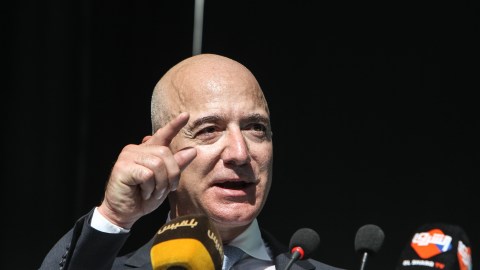 ISTANBUL, TURKEY - OCTOBER 02: CEO of Amazon and Washington Post owner Jeff Bezos speaks during an event marking the one-year anniversary of the assassination of Saudi dissident journalist Jamal Khashoggi on October 02, 2019 in Istanbul, Turkey. Jamal Khashoggi, the Saudi Arabian dissident and columnist for the Washington Post, was killed on 2nd October 2018 after entering the Saudi Consulate in Istanbul to finalize papers for his marriage, sparking a weeks long investigation and creating diplomatic tension between, Turkey, the U.S and Saudi Arabia. His body is still yet to be recovered. (Photo by Osman Orsal/Getty Images)