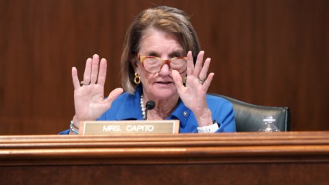 WASHINGTON, DC - APRIL 14: Sen. Shelley Moore Capito (R-WV) speaks at a Senate Appropriations Subcommittee hearing on Capitol Hill on April 14, 2021 in Washington, DC. The committee is hearing testimony on FEMA's response to the COVID-19 pandemic. (Photo by Greg Nash-Pool/Getty Images)