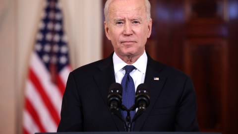 WASHINGTON, DC - MAY 20: U.S. President Joe Biden delivers remarks on the conflict in the Middle East from Cross- Hall of the White House on May 20, 2021 in Washington, DC. Israel and Hamas announced that they would agree to a cease-fire, which will take into effect on Friday, following days of fighting that claimed more than 200 lives. (Photo by Anna Moneymaker/Getty Images)