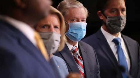 WASHINGTON, DC - JUNE 17: (2nd L-R) Sen. Shelley Moore Capito (R-WV), Senate Judiciary Committee Chairman Lindsey Graham (R-SC) and Sen. Ben Sasse (R-NE) participates in a news conference to unveil the GOP's legislation to address racial disparities in law enforcement at the U.S. Capitol June 17, 2020 in Washington, DC. Sen. Tim Scott (R-SC), the Senate's lone black Republican, lead the effort to write the Just and Unifying Solutions to Invigorate Communities Everywhere (JUSTICE) Act, which discourages the use of chokeholds, requires police departments to release more information on use of force and no-knock warrants, and encourages body cameras and better training. (Photo by Chip Somodevilla/Getty Images)