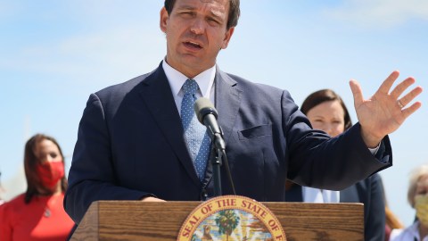 MIAMI, FLORIDA - APRIL 08: Florida Gov. Ron DeSantis speaks to the media about the cruise industry during a press conference at PortMiami on April 08, 2021 in Miami, Florida. The Governor announced that the state is suing the federal government to allow cruises to resume in Florida. (Photo by Joe Raedle/Getty Images)