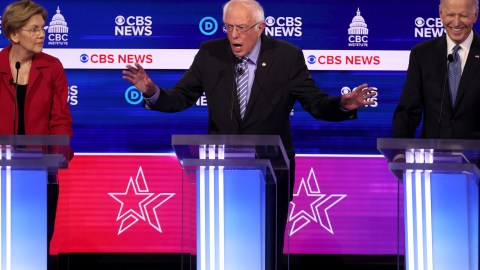 CHARLESTON, SOUTH CAROLINA - FEBRUARY 25: Democratic presidential candidates Sen. Bernie Sanders (I-VT) speaks as Sen. Elizabeth Warren (D-MA) (L) and former Vice President Joe Biden (R) react during the Democratic presidential primary debate at the Charleston Gaillard Center on February 25, 2020 in Charleston, South Carolina. Seven candidates qualified for the debate, hosted by CBS News and Congressional Black Caucus Institute, ahead of South Carolina’s primary in four days. (Photo by Win McNamee/Getty Images)