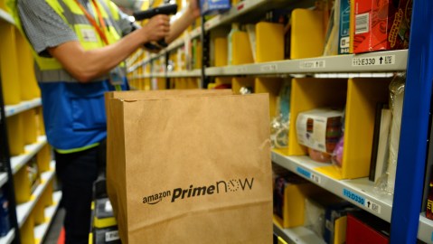 A picture taken on June 9, 2016 shows Amazon warehouse in Paris, part of the new service "Prime Now". - Amazon will launch on June 16, 2016 "Prime Now" its new express delivery service in an hour in Paris and the immediately-surrounding suburbs for all types of goods including food. (Photo by ERIC PIERMONT / AFP) (Photo credit should read ERIC PIERMONT/AFP via Getty Images)