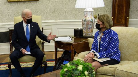 US President Joe Biden meets with Republican Senator from West Virginia Shelley Moore Capito and others to discuss an infrastructure bill in the Oval Office at the White House in Washington, DC, on May 13, 2021. (Photo by Nicholas Kamm / AFP) (Photo by NICHOLAS KAMM/AFP via Getty Images)