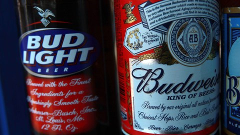 NEW YORK - JUNE 13: Bottles of Budweiser beer displayed at a n outdoor bar June 13, 2008 in New York City. The Belgian-Brazilian brewer InBev has made an offer of $46.3 billion bid for Anheuser-Busch, the iconic 150-year-old St Louis-based company. (Photo by Spencer Platt/Getty Images)