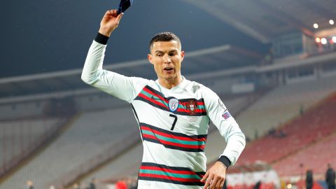 BELGRADE, SERBIA - MARCH 27: Cristiano Ronaldo of Portugal reacts during the FIFA World Cup 2022 Qatar qualifying match between Serbia and Portugal at FK Crvena Zvezda stadium on March 27, 2021 in Belgrade, Serbia. Sporting stadiums around Serbia remain under strict restrictions due to the Coronavirus Pandemic as Government social distancing laws prohibit fans inside venues resulting in games being played behind closed doors. (Photo by Srdjan Stevanovic/Getty Images)