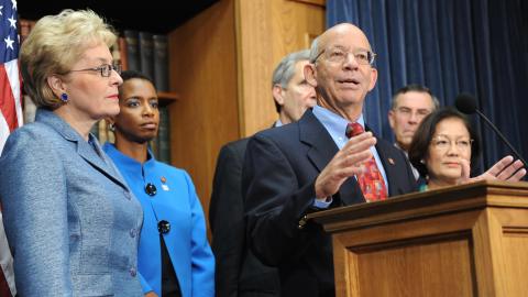 US Rep. Peter DeFazio (R),D-OR, introduces the "No Bailout Act" with other members of the House the day after the House defeated a $700 billion emergency rescue for the nation's financial system on September 30, 2008 on Capitol Hill in Washington, DC. DeFazio, who voted against Monday�s failed Emergency Economic Stabilization Act of 2008, is backing the new measure with six other representatives. He blasted architects of the failed $700 billion bailout bill, saying the new measure isn�t based on the Bush administration�s bailout package, but the measure would direct the Administration to take five simple steps� suggested by former FDIC head William Isaac. AFP PHOTO / TIM SLOAN (Photo credit should read TIM SLOAN/AFP via Getty Images)