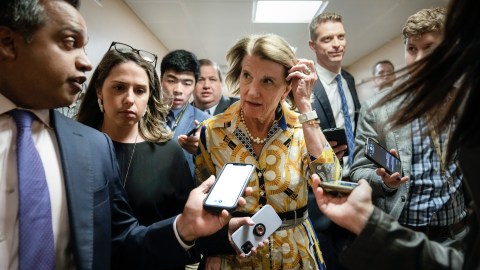 WASHINGTON, DC - MAY 27: Sen. Shelley Moore Capito (R-WV) speaks with reporters on her way to a vote at the U.S. Capitol on May 27, 2021 in Washington, DC. The mother of late Capitol Police Officer Brian Sicknick is on Capitol Hill today meeting with Republican lawmakers to urge them to support the January 6 commission legislation. (Photo by Drew Angerer/Getty Images)