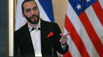 Salvadorean President Nayib Bukele speaks during a joint press conference with US Secretary of State Mike Pompeo (out of frame) at the presidential residence in San Salvador on July 21, 2019. (Photo by MARVIN RECINOS / AFP) (Photo by MARVIN RECINOS/AFP via Getty Images)