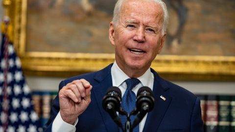 WASHINGTON, DC - AUGUST 22: U.S. President Joe Biden speaks in the Roosevelt Room on the continuing situation in Afghanistan and the developments of Hurricane Henri at the White House on August 22, 2021 in Washington, DC. The White House announced earlier that in a 24 hour period starting on August 21st that US military flights evacuated approximately 3,900 personnel and 35 coalition aircraft evacuated approximately 3,900 personnel. Tropical Storm Henri made landfall around Long Island, New York on Sunday. (Photo by Samuel Corum/Getty Images)