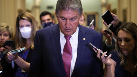 WASHINGTON, DC - JULY 27: U.S. Sen. Joe Manchin (D-WV) (C) speaks to members of the press after a weekly Senate Democratic Policy Luncheon at the U.S. Capitol on July 27, 2021 in Washington, DC. Senate Democrats held a weekly policy luncheon to discuss the Democratic agenda. (Photo by Alex Wong/Getty Images)
