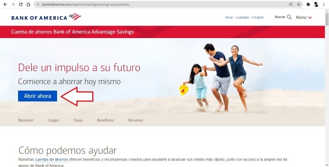 Captura de pantalla del sitio oficial de Bank of America