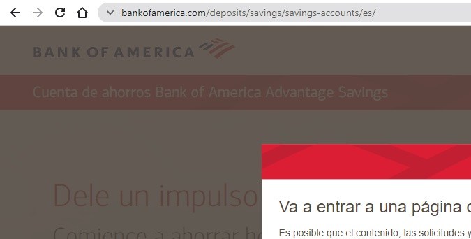 Captura de pantalla del sitio oficial de Bank of America