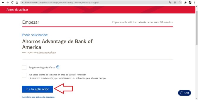 Captura de pantalla del sitio oficial de Bank of America