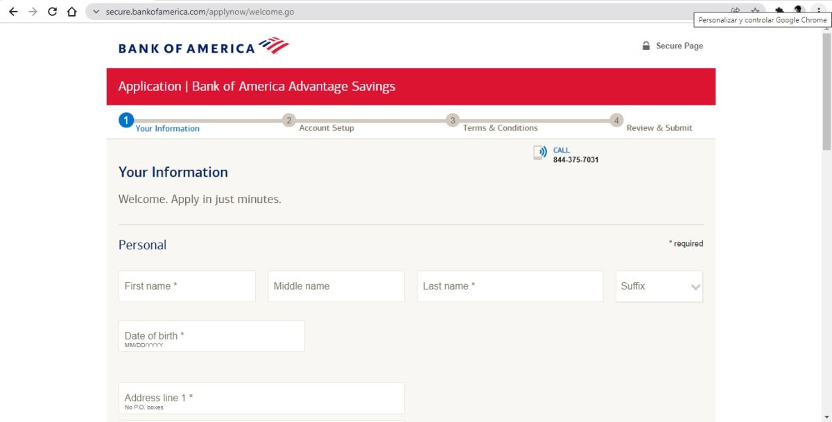 Captura de pantalla del sitio oficial de Bank of America