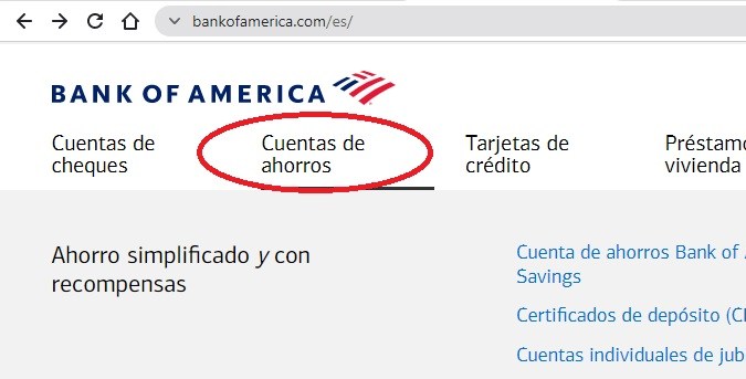 Captura de pantalla del sitio oficial de Bank of America