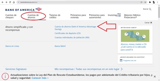 Captura de pantalla del sitio oficial de Bank of America