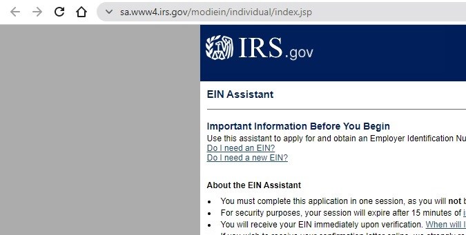 Foto de la página oficial del IRS para el registro