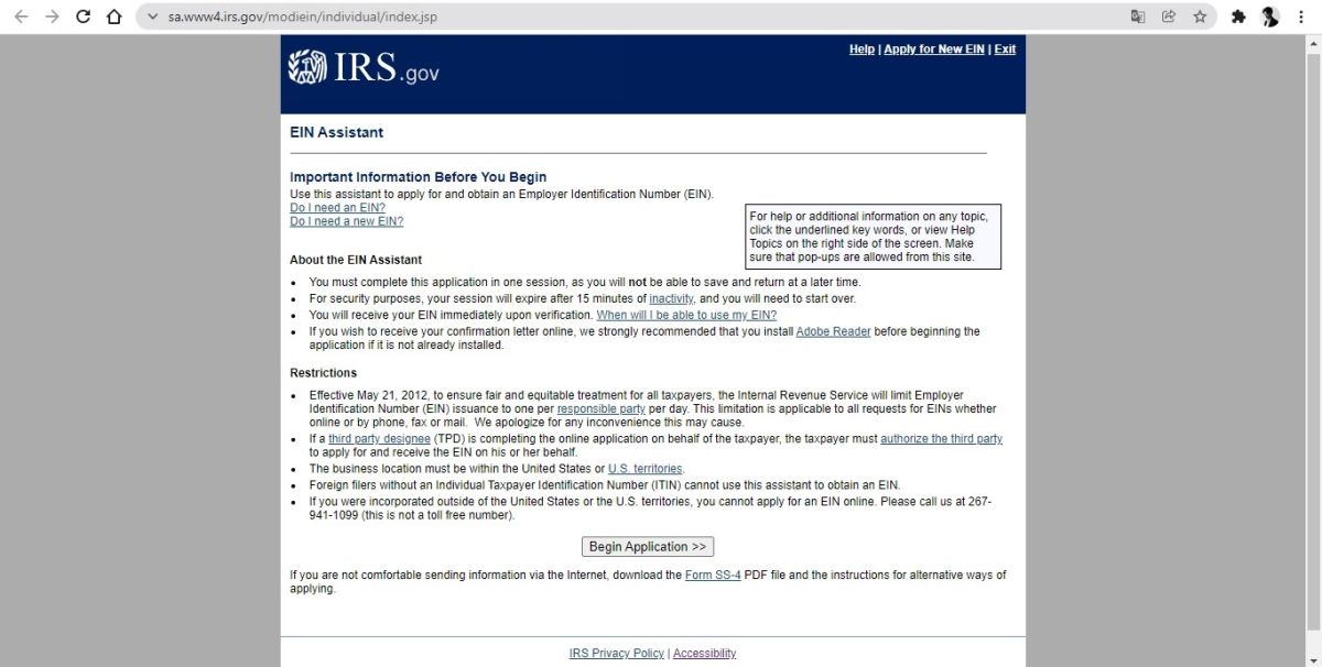 Foto de la página oficial del IRS para el registro