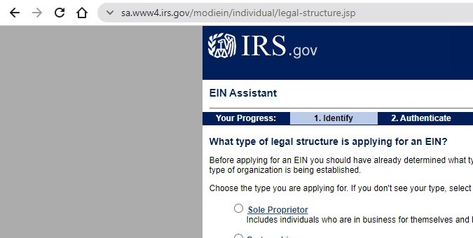 Captura de la página oficial del IRS para el registro del  EIN