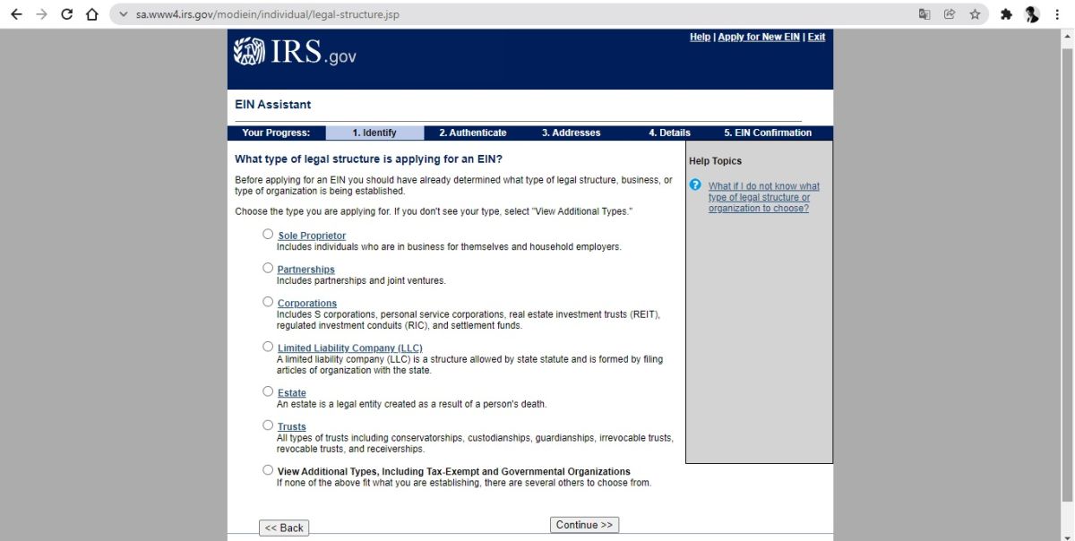 Captura de la página oficial del IRS para el registro del  EIN
