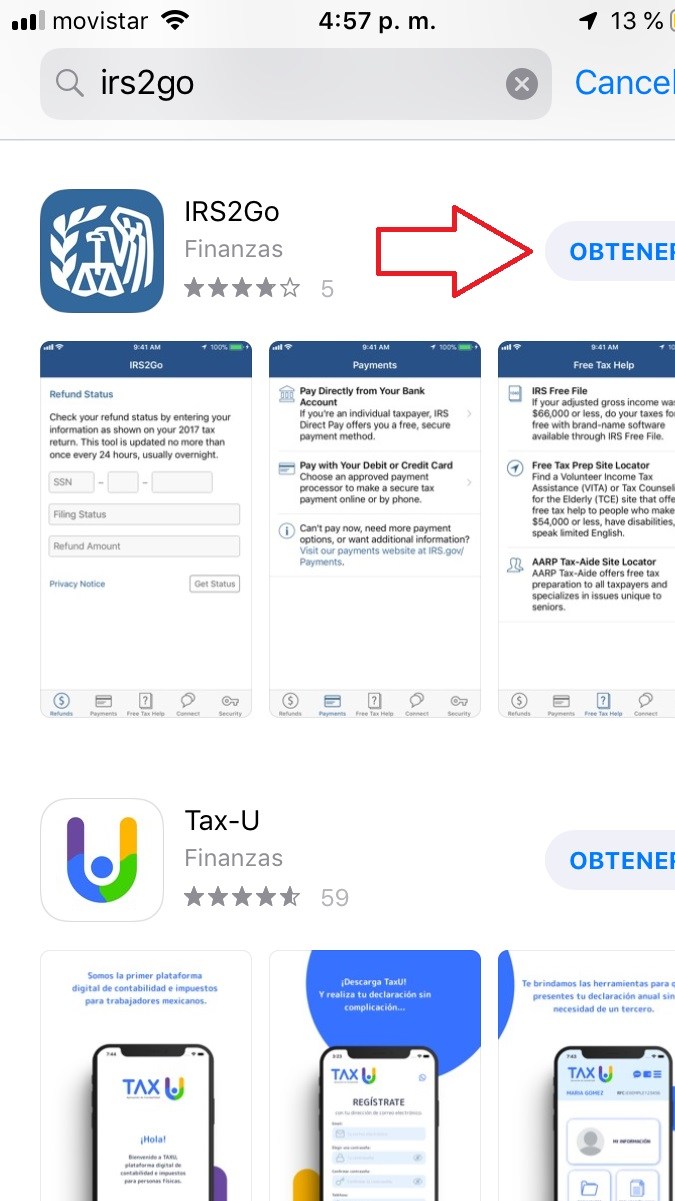 Captura de pantalla de la descarga de IRS2Go