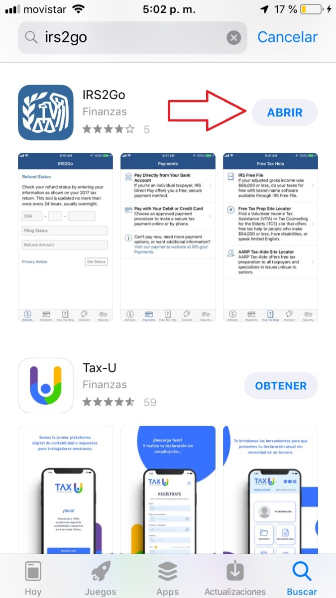 Captura de pantalla de la descarga de IRS2Go