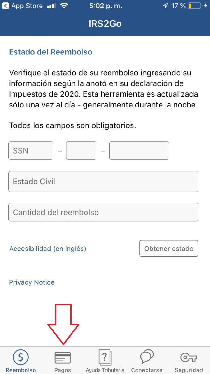 Captura de pantalla de la aplicación IRS2Go