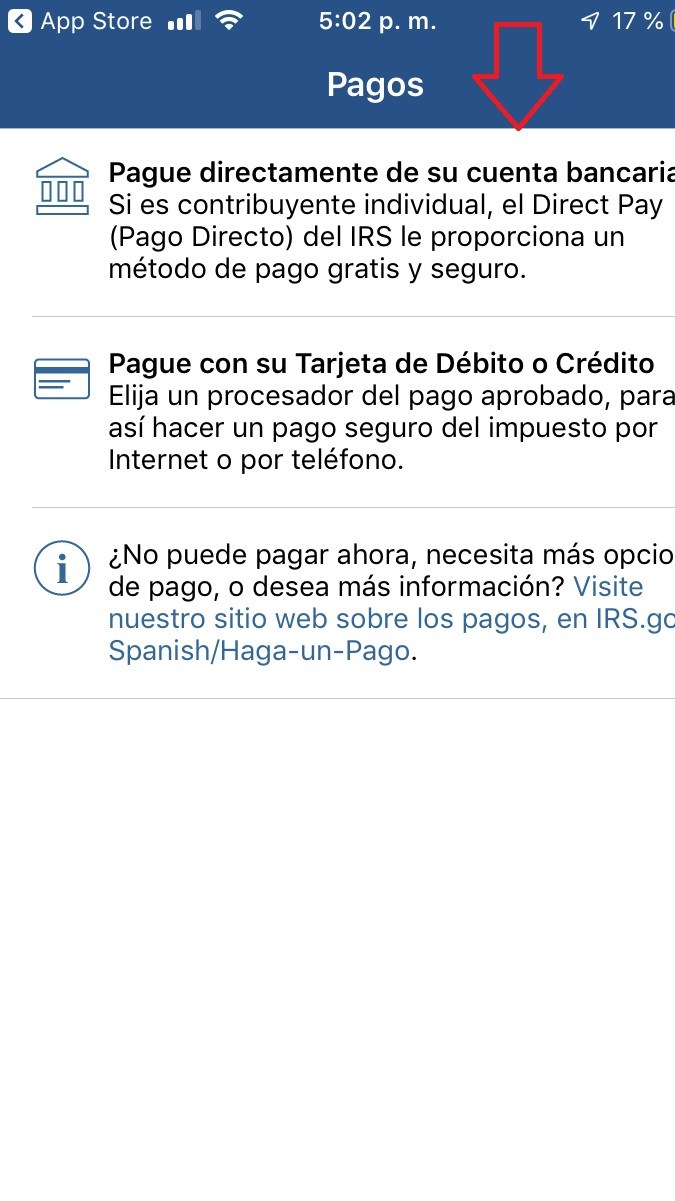 Captura de pantalla de la aplicación IRS2Go en la sección de pagos