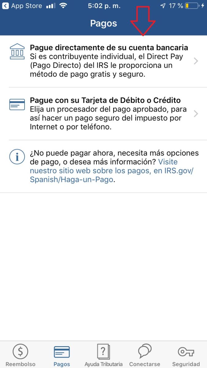 Captura de pantalla de la aplicación IRS2Go en la sección de pagos