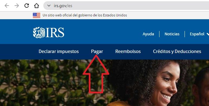 Captura de pantalla del sitio oficial del sitio web oficial del IRS
