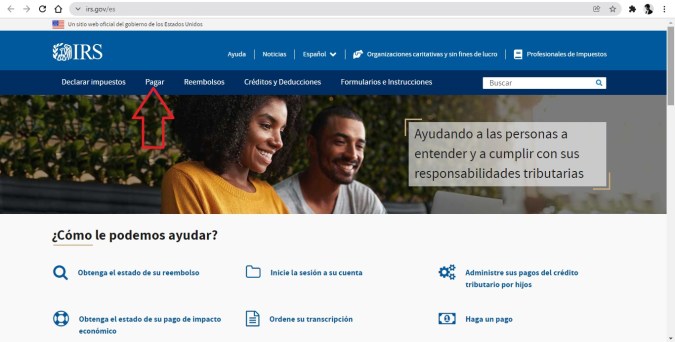 Captura de pantalla del sitio oficial del sitio web oficial del IRS
