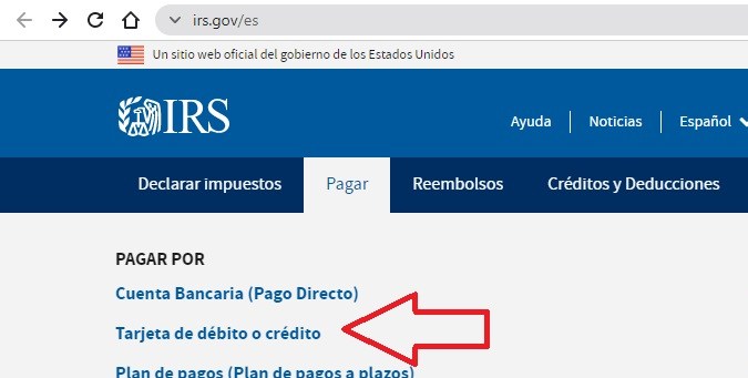Captura de pantalla del sitio oficial del sitio web oficial del IRS mostrando la sección de pagos