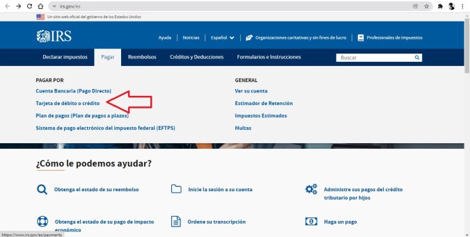 Captura de pantalla del sitio oficial del sitio web oficial del IRS mostrando la sección de pagos