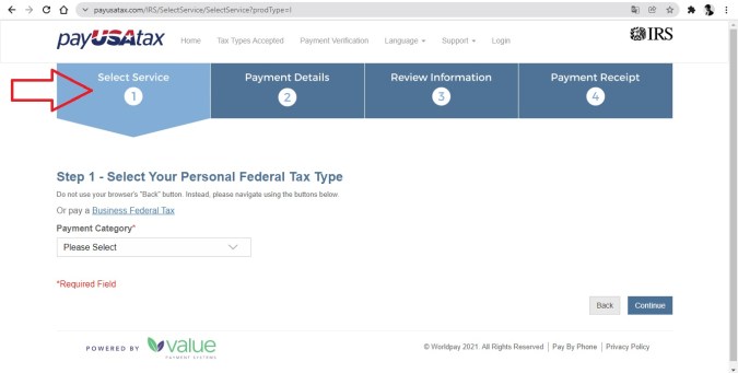 Captura de pantalla del sistema de pago de impuestos de PayUSAtax