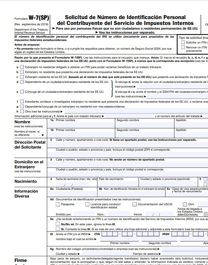 Captura de pantalla del formulario de renovación de ITIN ante el IRS