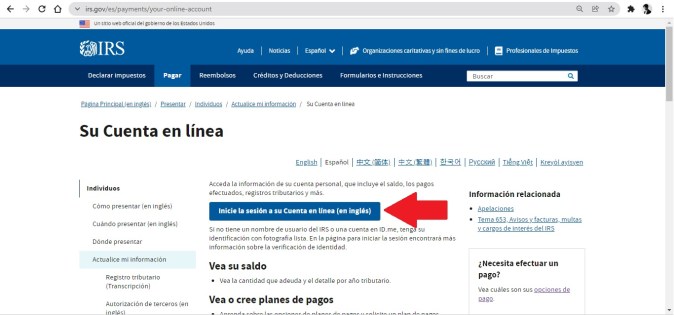 Captura de pantalla de servicio en línea del IRS