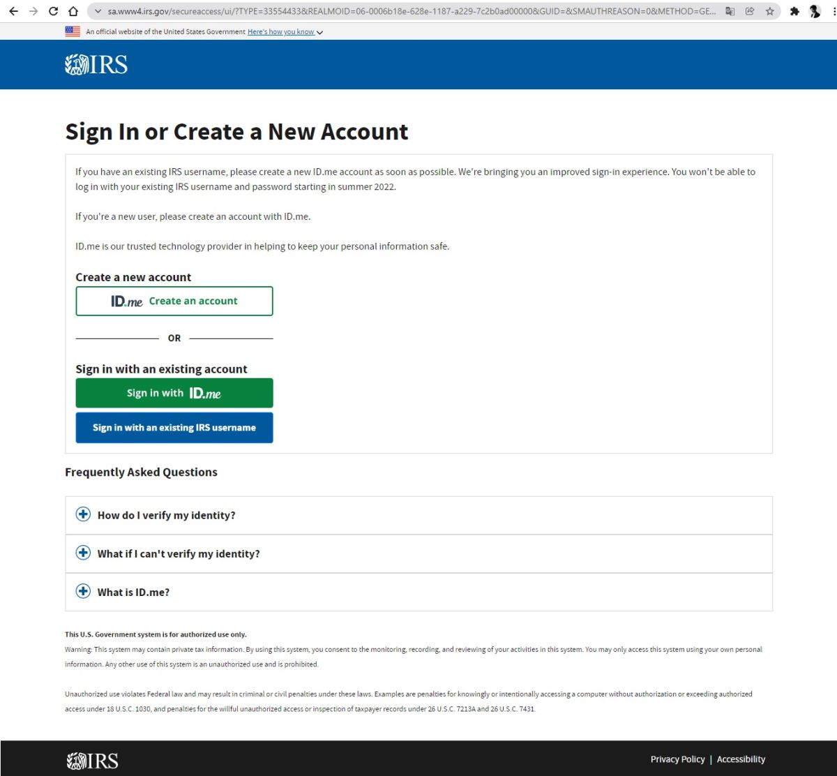 Captura de pantalla del inicio de sesión del sistema en línea del IRS